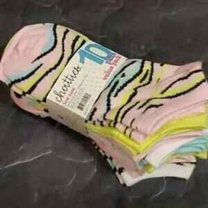 NWT Chatties Low Cut Socks (10 Pairs Value PK) Solids/Prints(Lime, Pink) (DAR97)